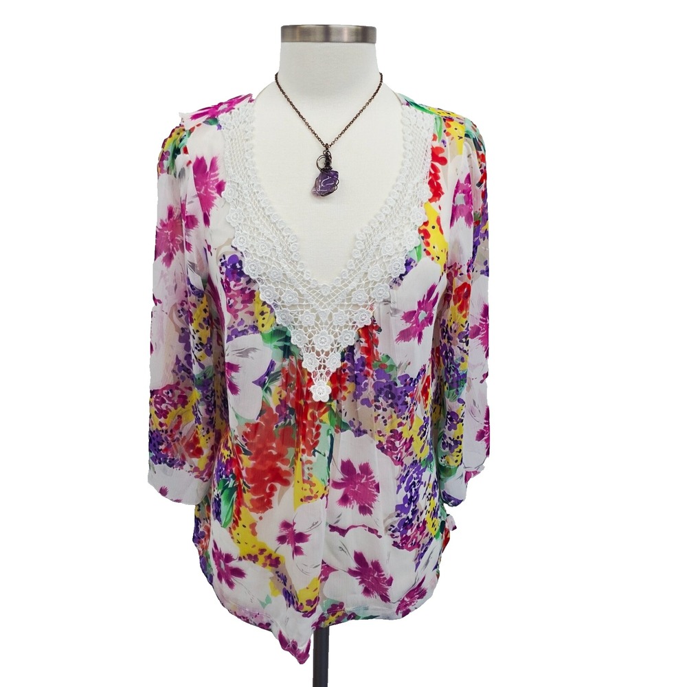 Mushka Sienna Rose Floral Crochet Tunic Sheer V-Neck Blouse M Petite Boho Artsy - Picture 2 of 15